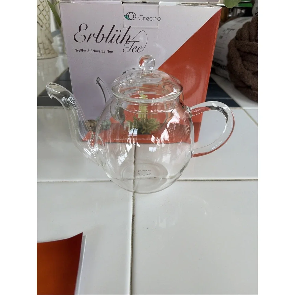 Cream Blooming Tea Gift Set with Glass Teapot 16.9oz  / 6 Pcs White & Black Tea